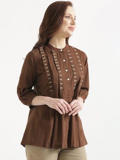 LIVAE Coffee Brown Handwork Cotton Short Top