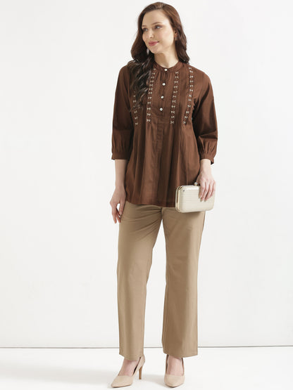 LIVAE Coffee Brown Handwork Cotton Short Top