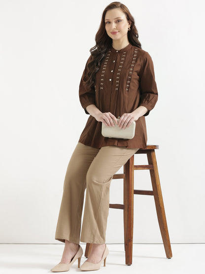 LIVAE Coffee Brown Handwork Cotton Short Top