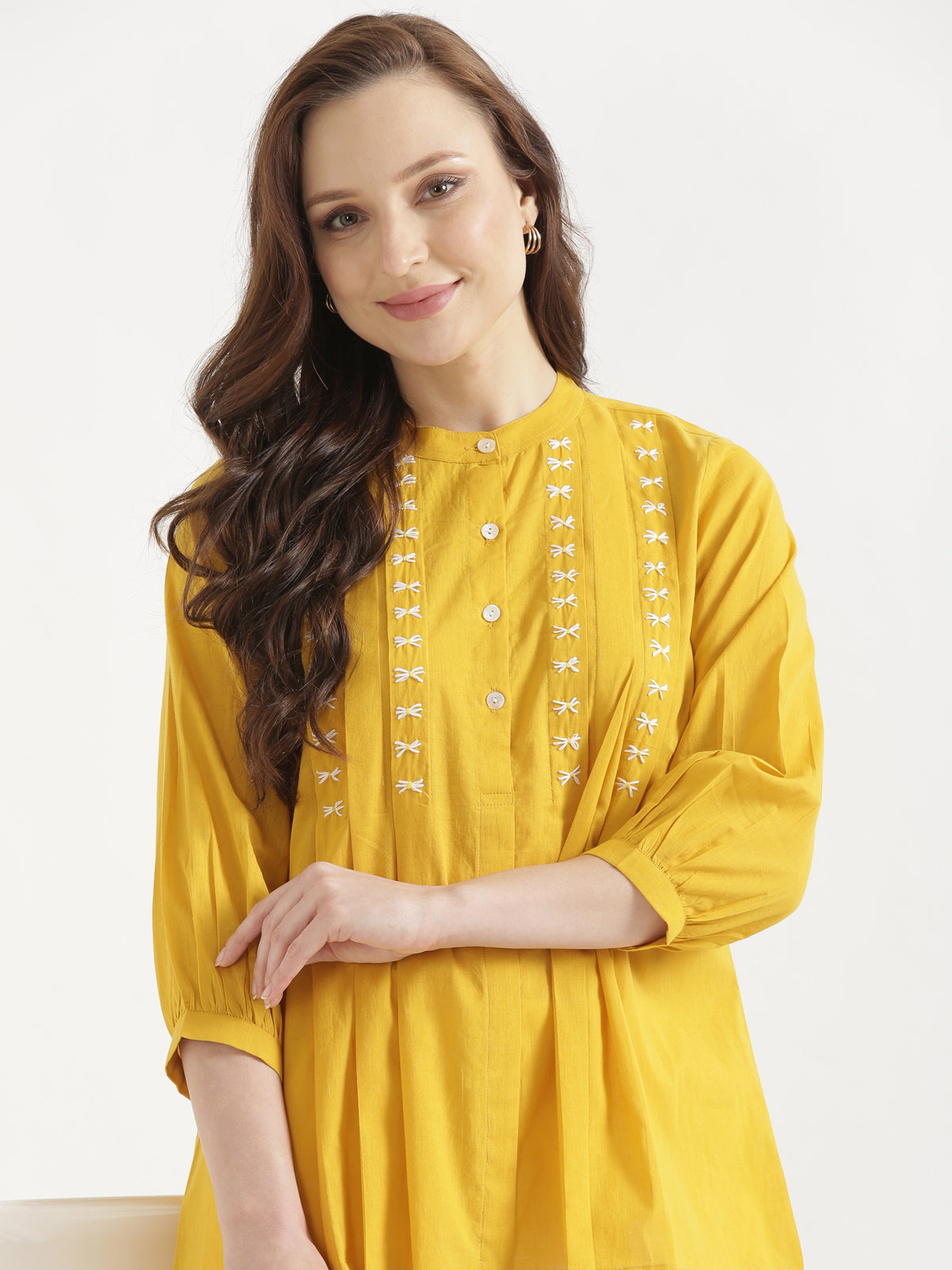 LIVAE Mustard Yellow Handwork Cotton Short Top