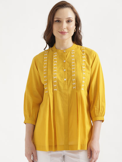 LIVAE Mustard Yellow Handwork Cotton Short Top