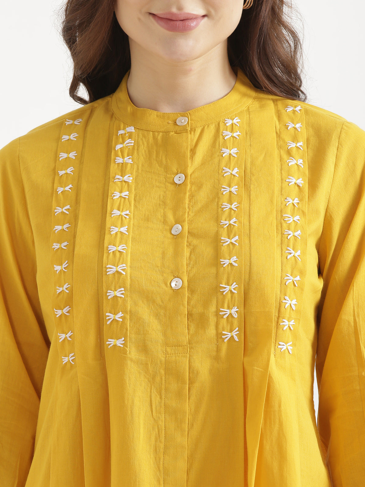LIVAE Mustard Yellow Handwork Cotton Short Top