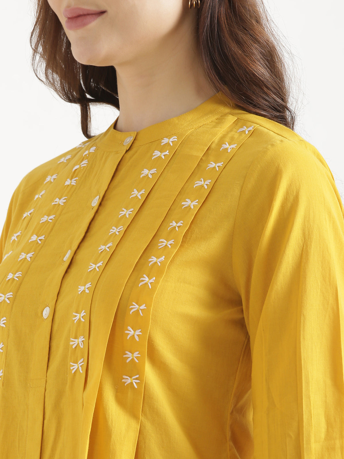 LIVAE Mustard Yellow Handwork Cotton Short Top