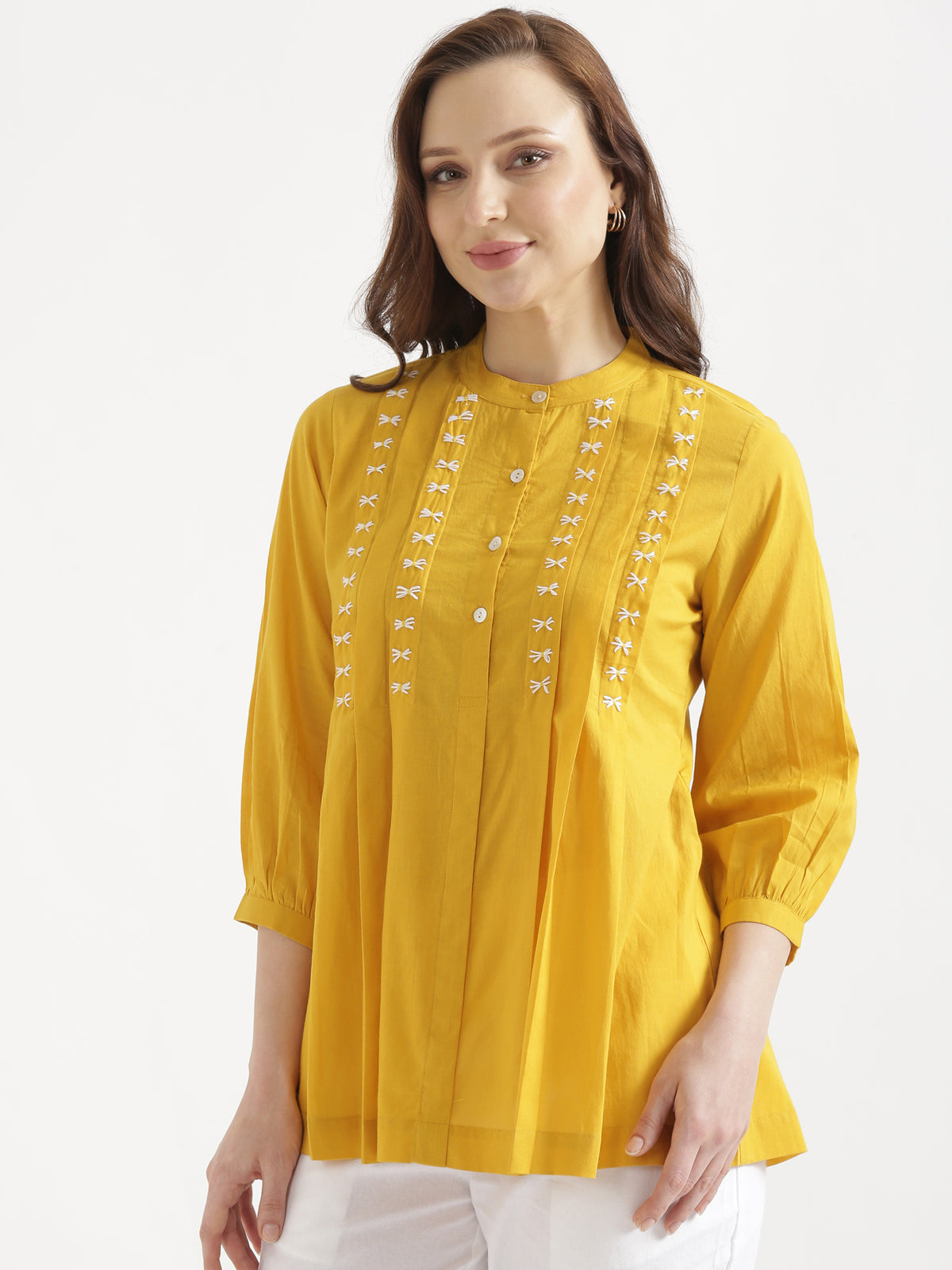 LIVAE Mustard Yellow Handwork Cotton Short Top