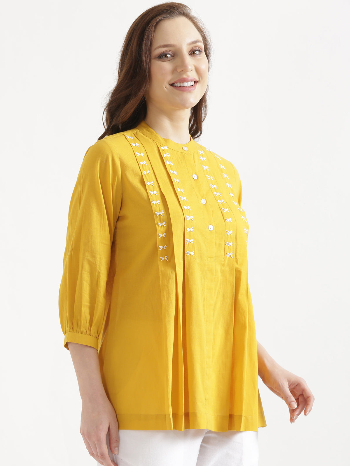 LIVAE Mustard Yellow Handwork Cotton Short Top