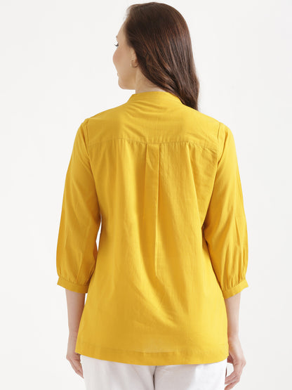 LIVAE Mustard Yellow Handwork Cotton Short Top