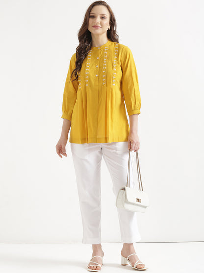 LIVAE Mustard Yellow Handwork Cotton Short Top