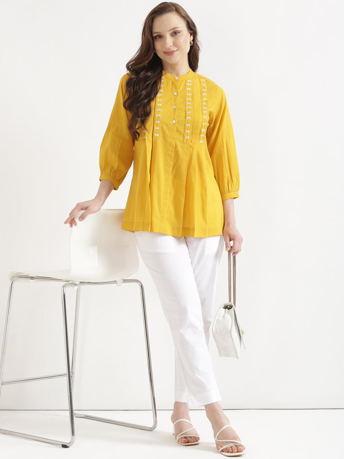LIVAE Mustard Yellow Handwork Cotton Short Top