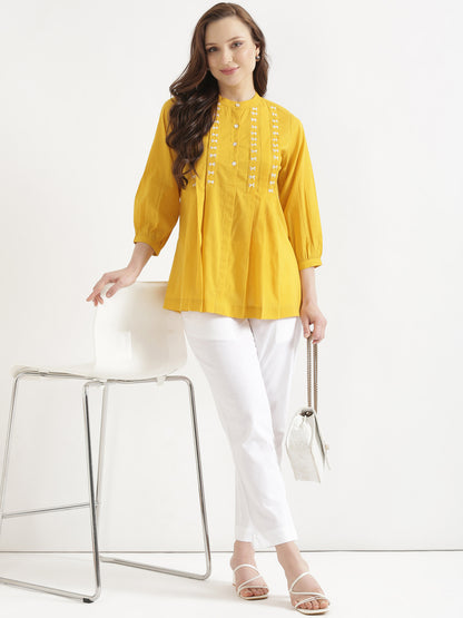 LIVAE Mustard Yellow Handwork Cotton Short Top