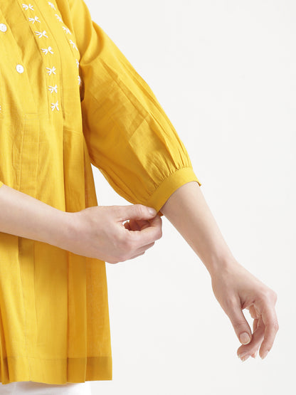 LIVAE Mustard Yellow Handwork Cotton Short Top