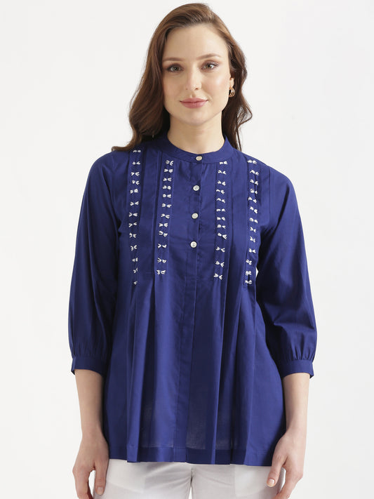 LIVAE Navy Blue Handwork Cotton Short Top