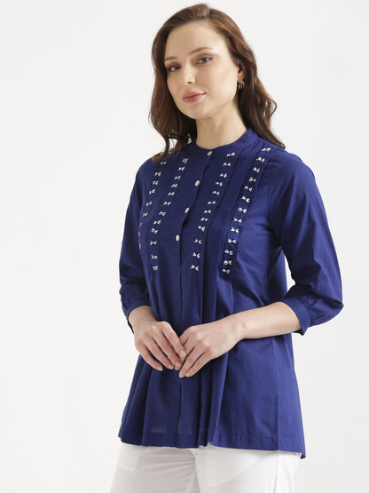 LIVAE Navy Blue Handwork Cotton Short Top