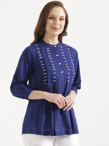LIVAE Navy Blue Handwork Cotton Short Top