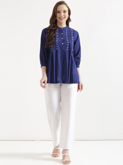 LIVAE Navy Blue Handwork Cotton Short Top