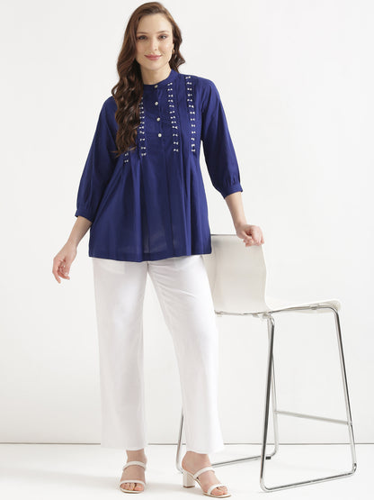 LIVAE Navy Blue Handwork Cotton Short Top