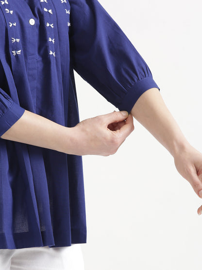 LIVAE Navy Blue Handwork Cotton Short Top