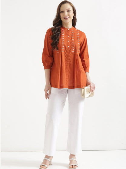 LIVAE Rust Handwork Cotton Short Top