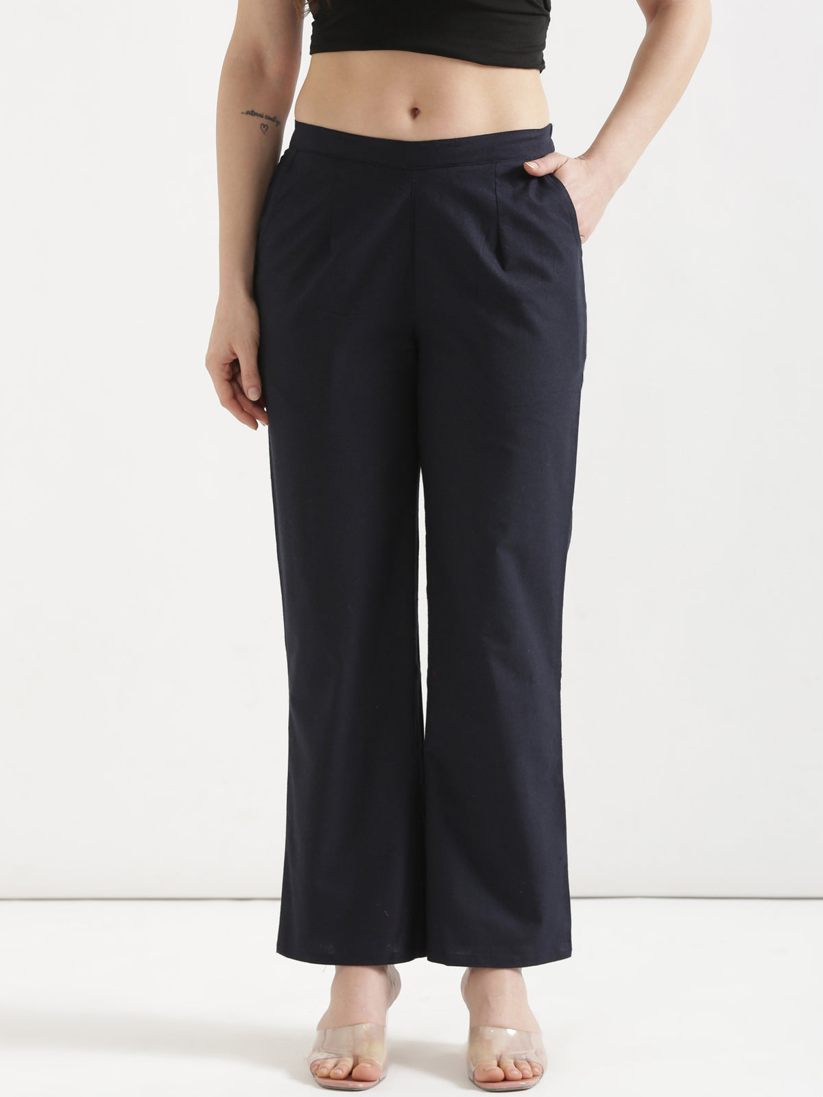 Women Navy Blue Wide Leg Cotton Pant