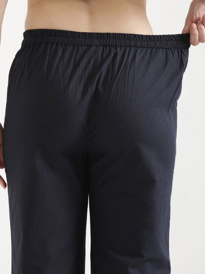 Women Navy Blue Wide Leg Cotton Pant