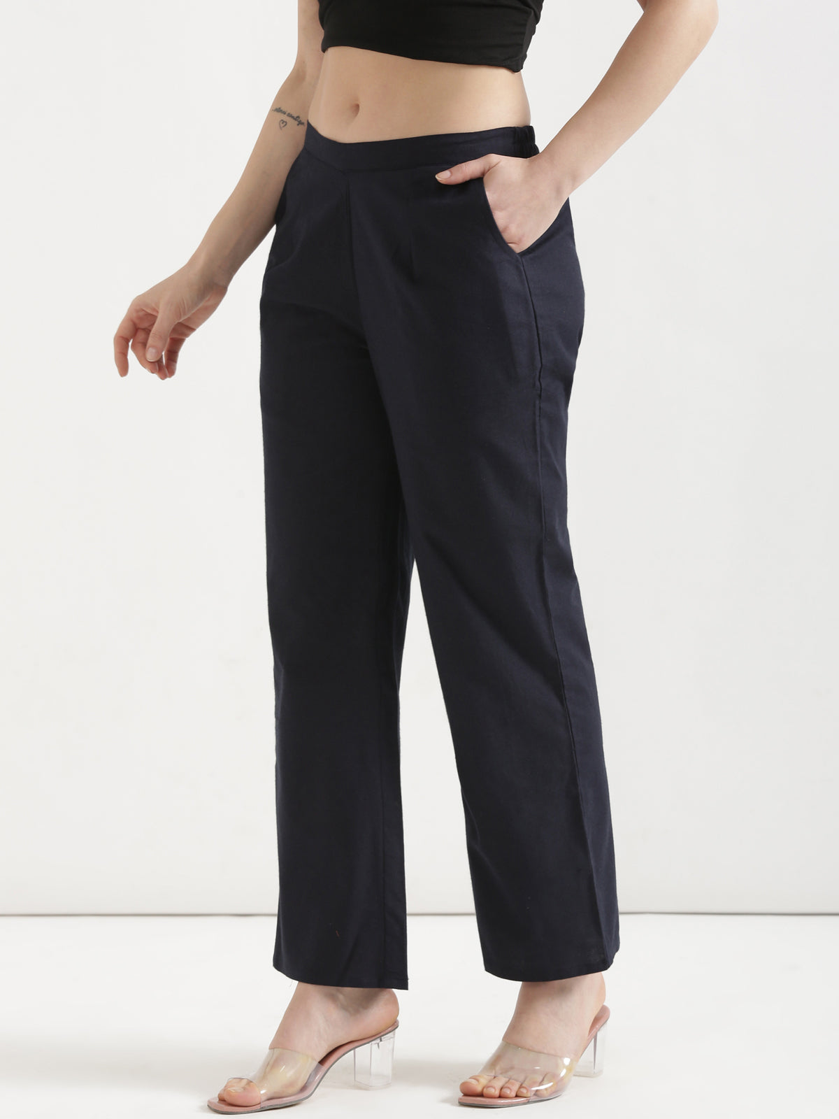 Women Navy Blue Wide Leg Cotton Pant