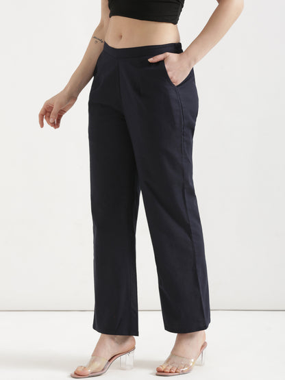 Women Navy Blue Wide Leg Cotton Pant