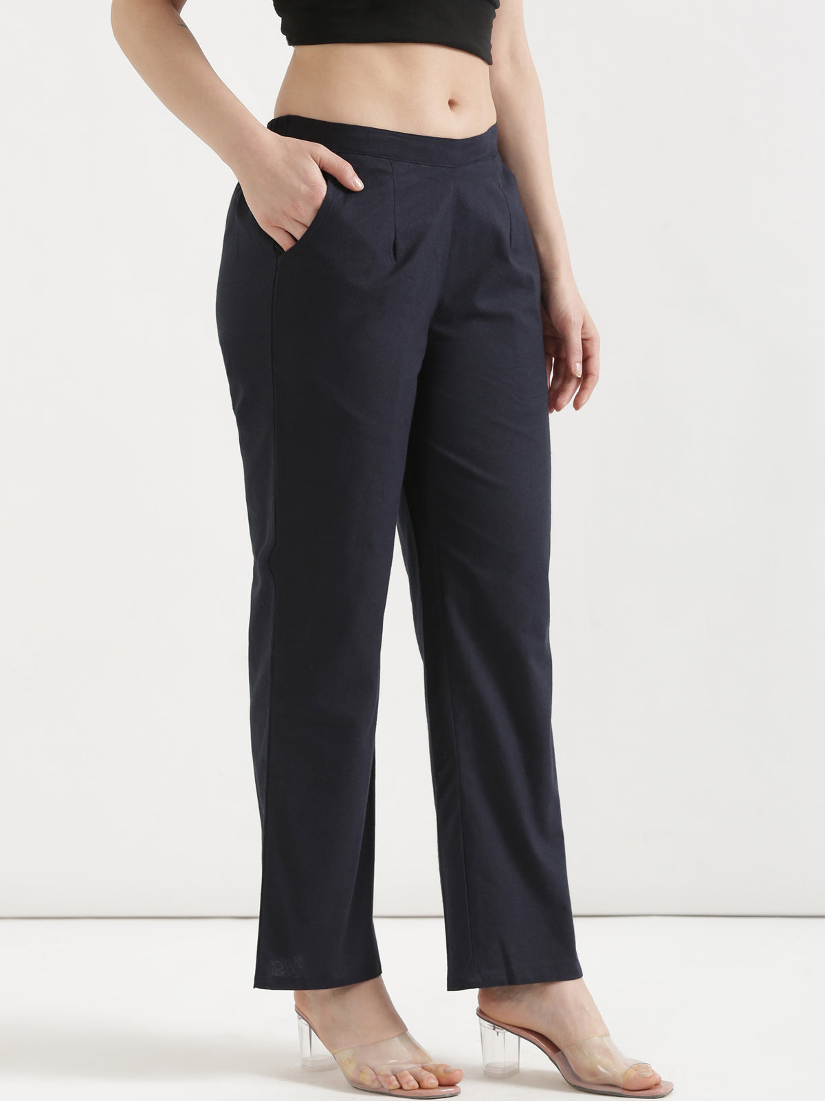 Women Navy Blue Wide Leg Cotton Pant