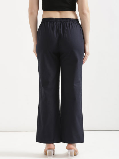 Women Navy Blue Wide Leg Cotton Pant