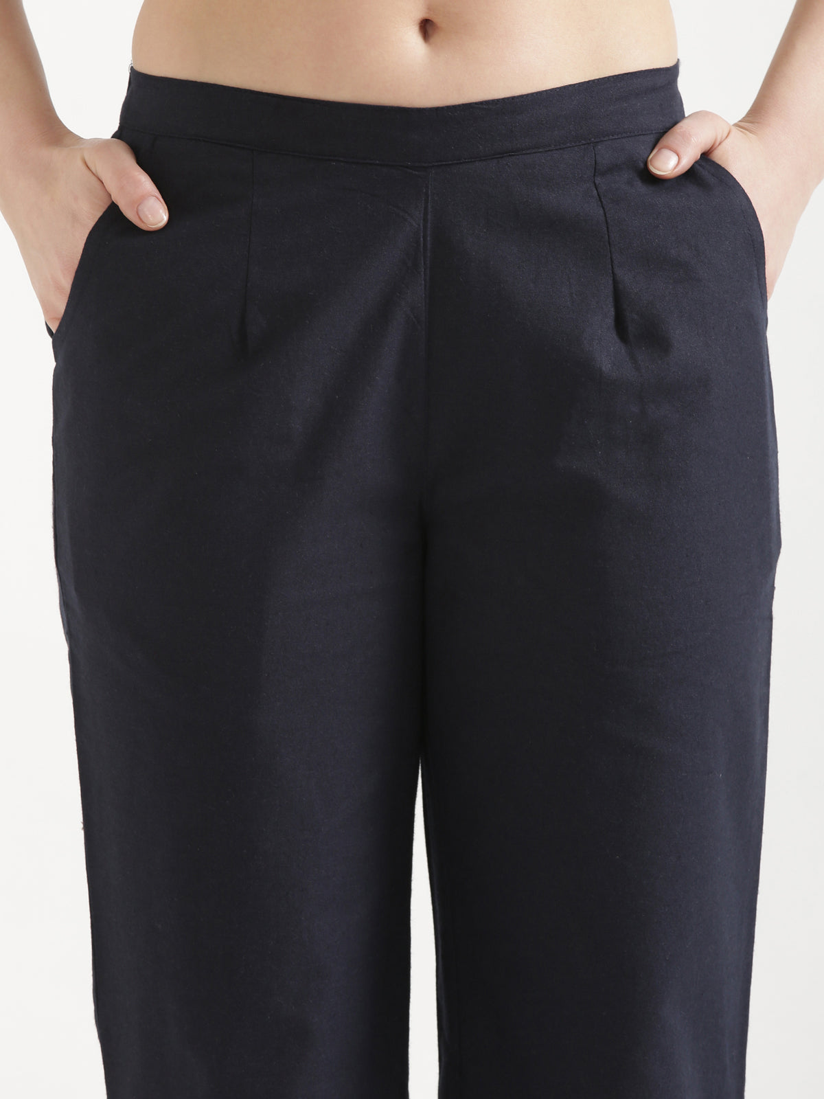 Women Navy Blue Wide Leg Cotton Pant