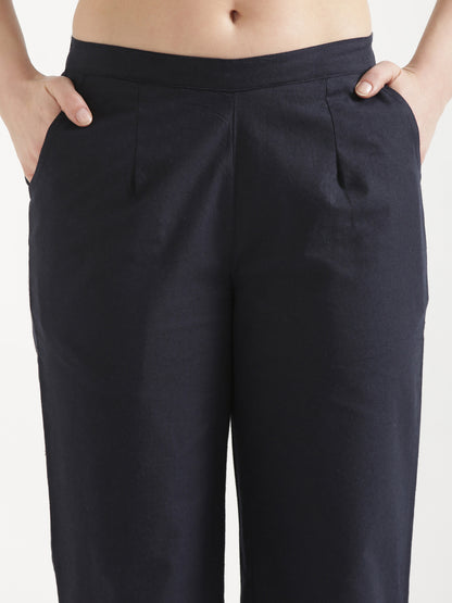 Women Navy Blue Wide Leg Cotton Pant