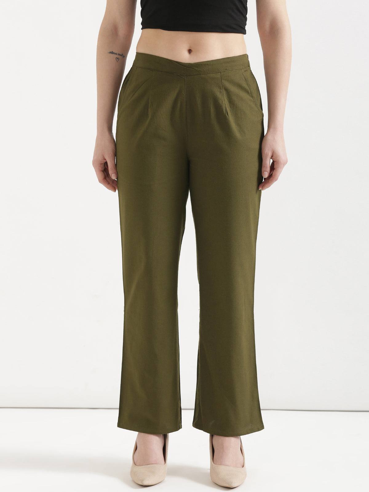 Women Olive Green Wide Leg Pant