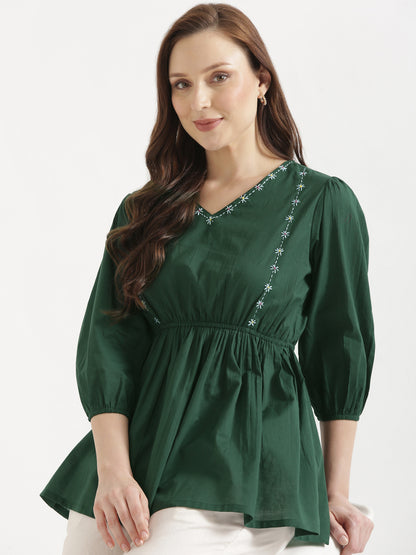 SUTRA Dark Green Handwork Cotton Short Top