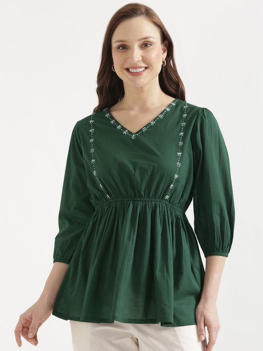 SUTRA Dark Green Handwork Cotton Short Top