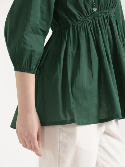 SUTRA Dark Green Handwork Cotton Short Top