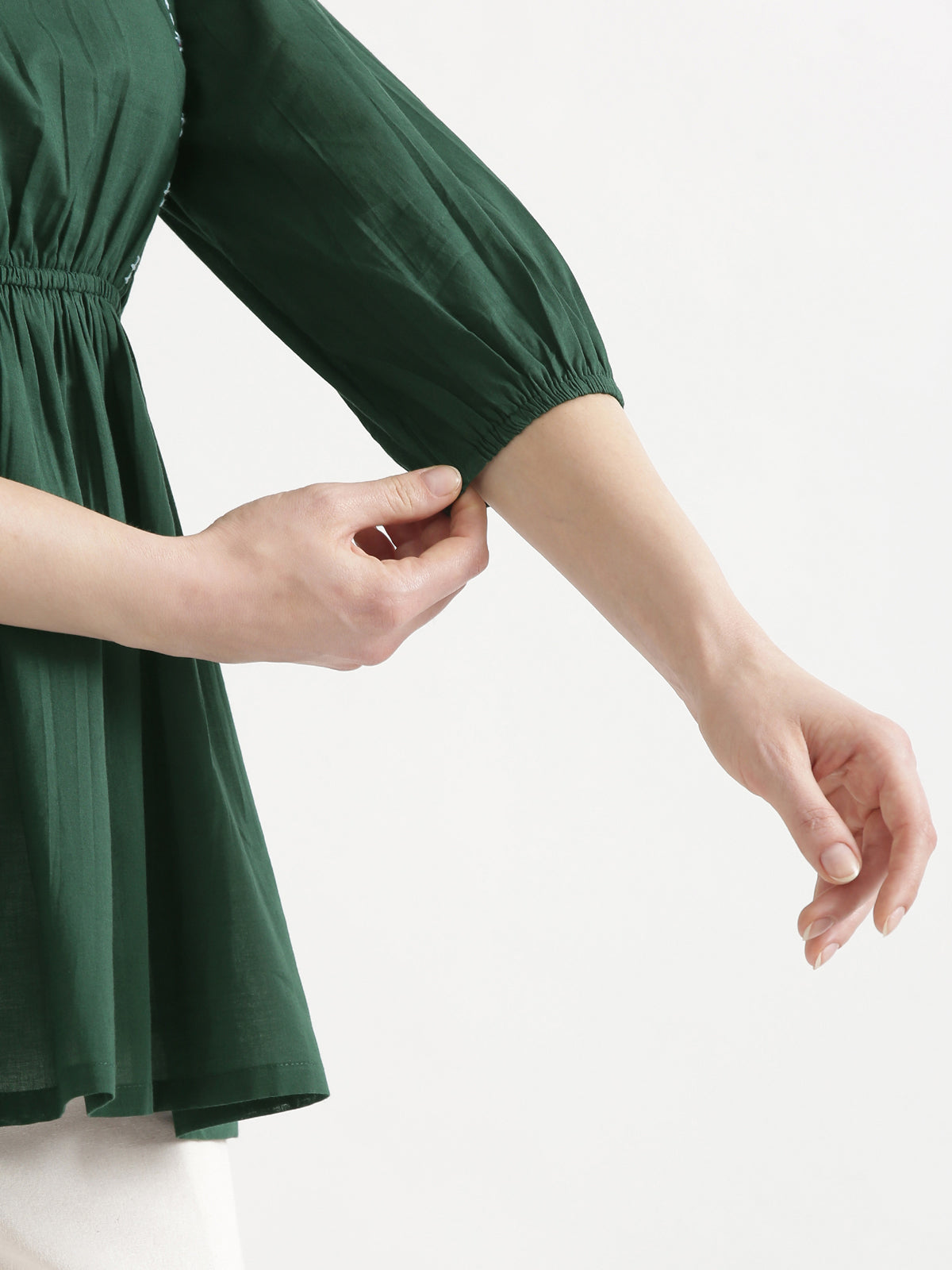 SUTRA Dark Green Handwork Cotton Short Top