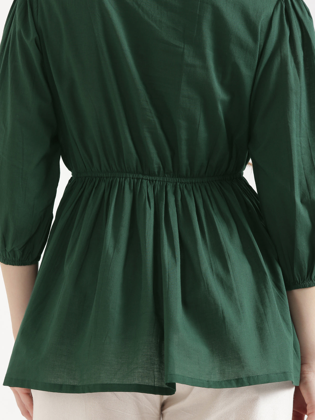 SUTRA Dark Green Handwork Cotton Short Top