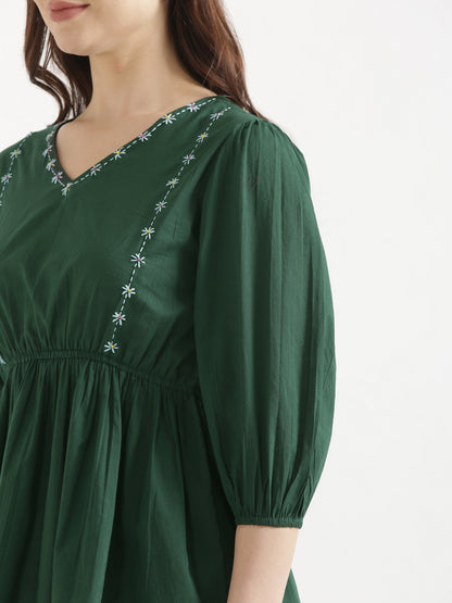 SUTRA Dark Green Handwork Cotton Short Top