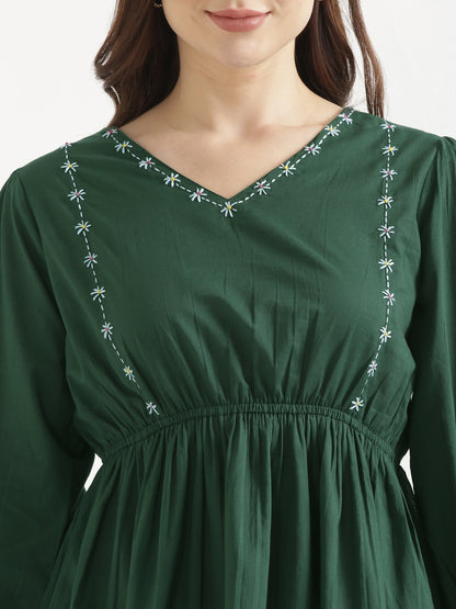 SUTRA Dark Green Handwork Cotton Short Top