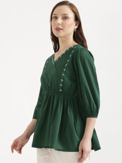 SUTRA Dark Green Handwork Cotton Short Top