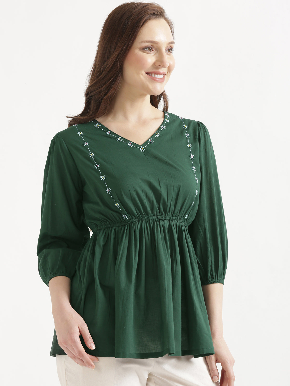 SUTRA Dark Green Handwork Cotton Short Top