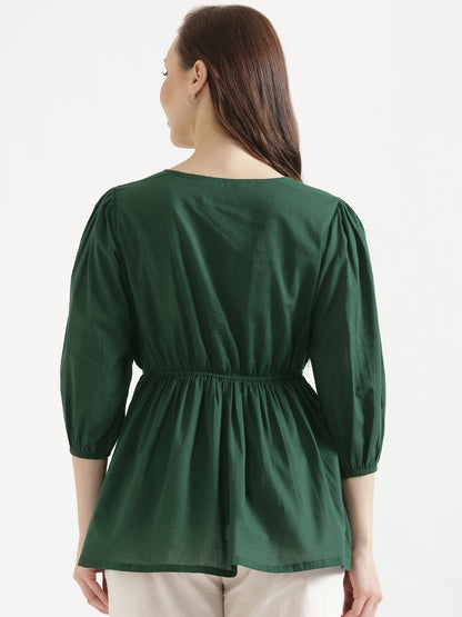 SUTRA Dark Green Handwork Cotton Short Top