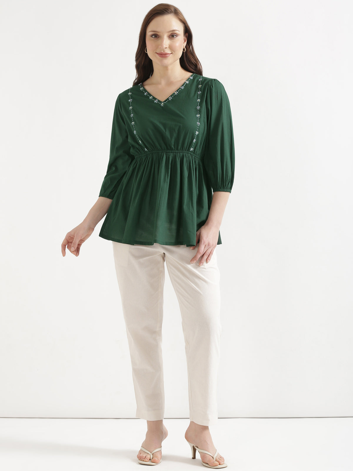 SUTRA Dark Green Handwork Cotton Short Top