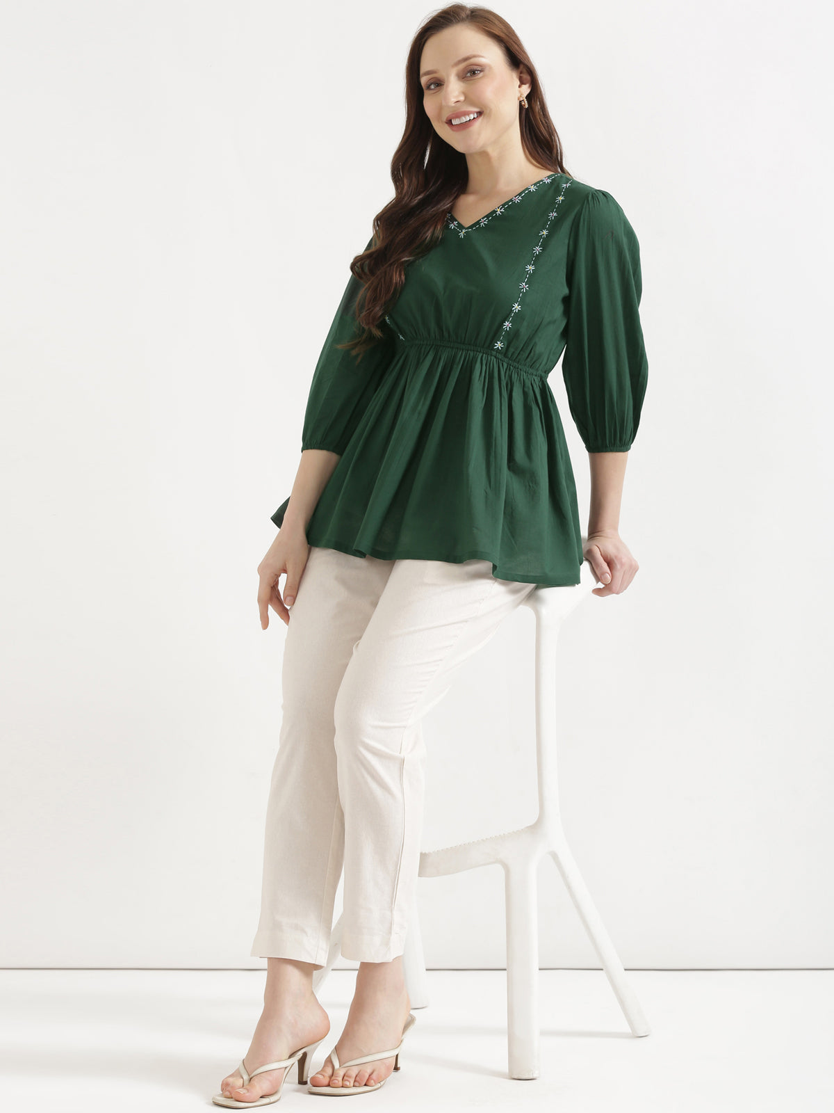 SUTRA Dark Green Handwork Cotton Short Top