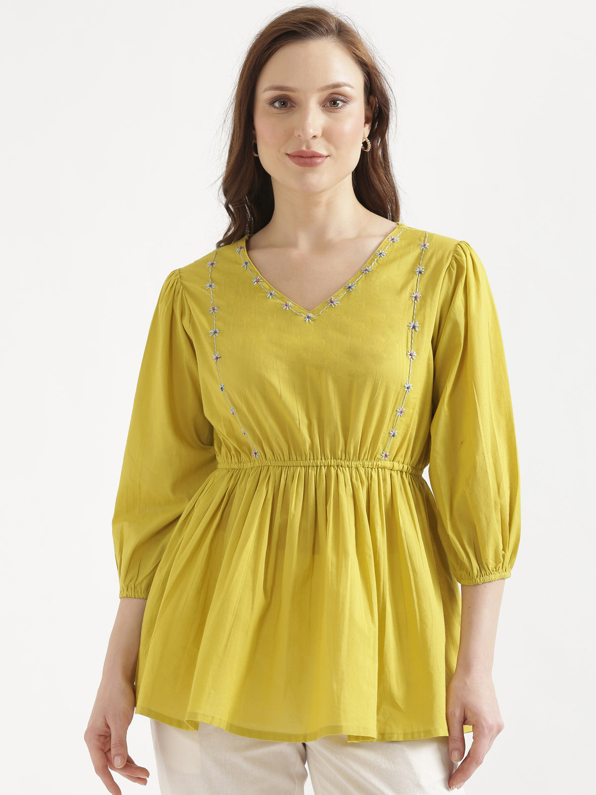 SUTRA Lemon Yellow Handwork Cotton Short Top