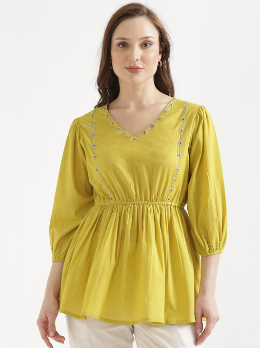 SUTRA Lemon Yellow Handwork Cotton Short Top