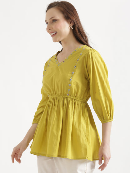 SUTRA Lemon Yellow Handwork Cotton Short Top