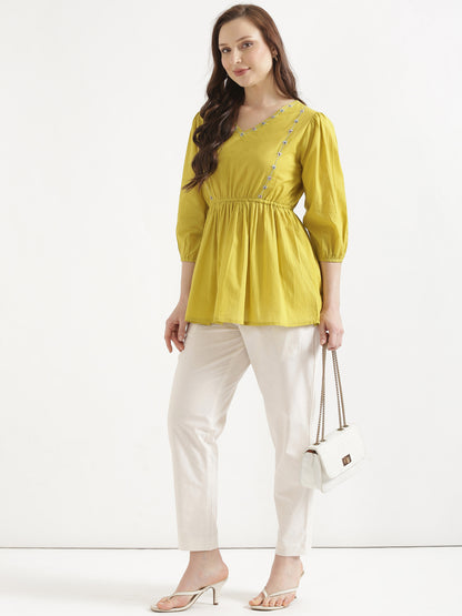 SUTRA Lemon Yellow Handwork Cotton Short Top