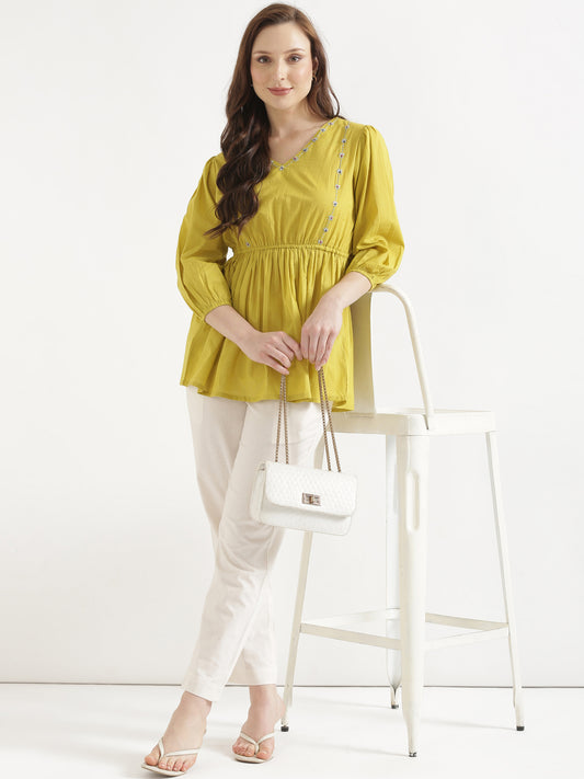 SUTRA Lemon Yellow Handwork Cotton Short Top