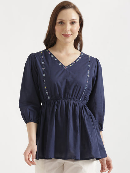 SUTRA Navy Blue Handwork Cotton Short Top