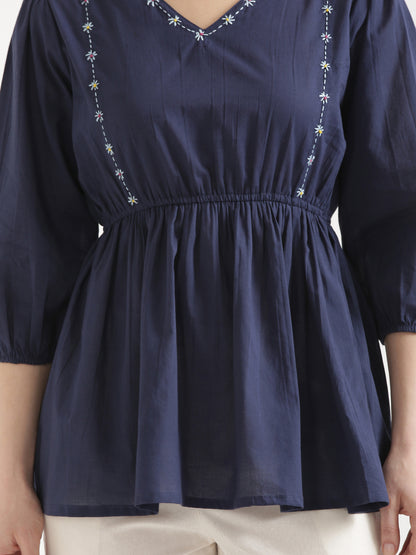 SUTRA Navy Blue Handwork Cotton Short Top