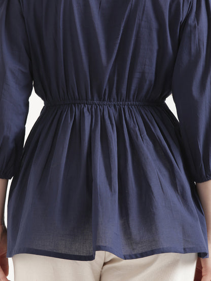 SUTRA Navy Blue Handwork Cotton Short Top